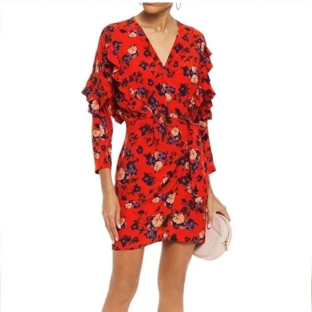 IRO Nucha Ruffle-Trimmed Floral-Print‎ Crepe Mini Wrap Dress FR 42/ US 10